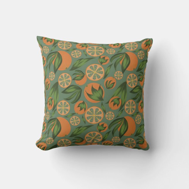 Watercolor Orange Teal Fruit Pattern Cushion (Front)
