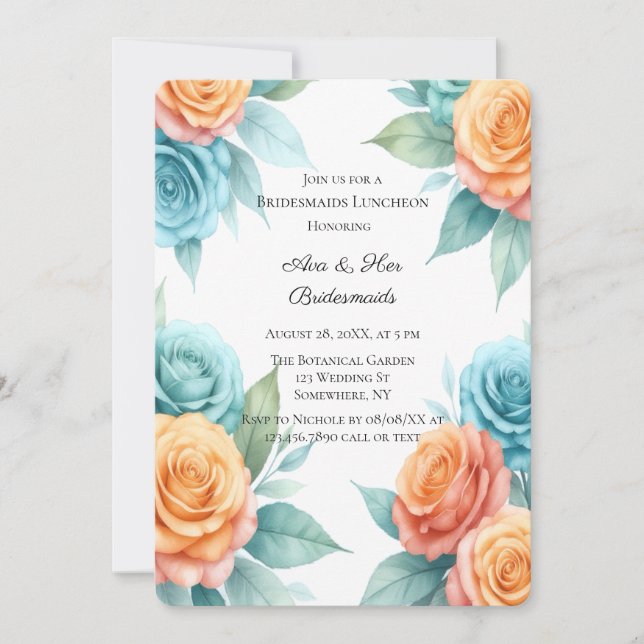Watercolor Orange & Teal Roses Bridesmaids Lunch Invitation (Front)