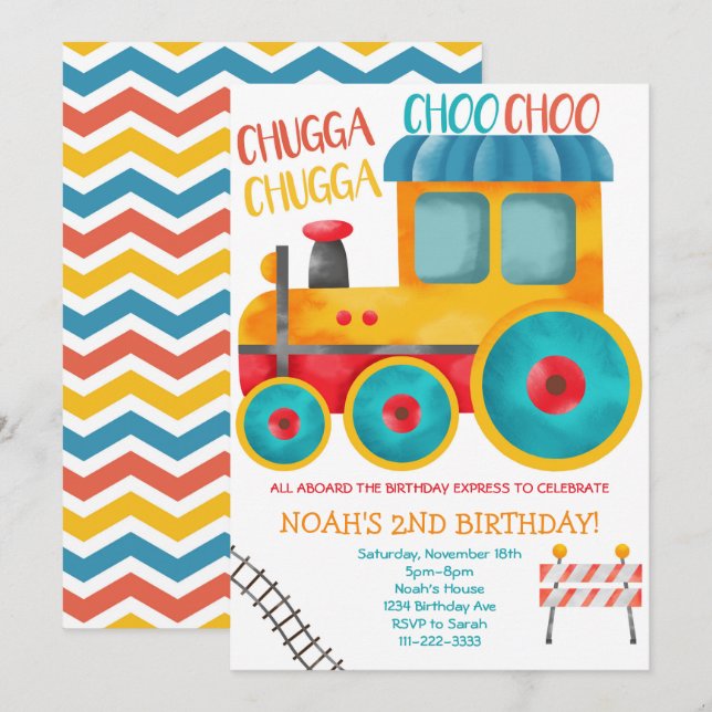 Watercolor Orange Train Birthday Invitation (Front/Back)