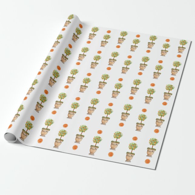 Watercolor Orange tree citrus topiary Wrapping Paper (Unrolled)