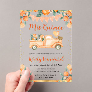 Watercolor Orange Truck and Flowers Quinceanera  Acrylic Invitations