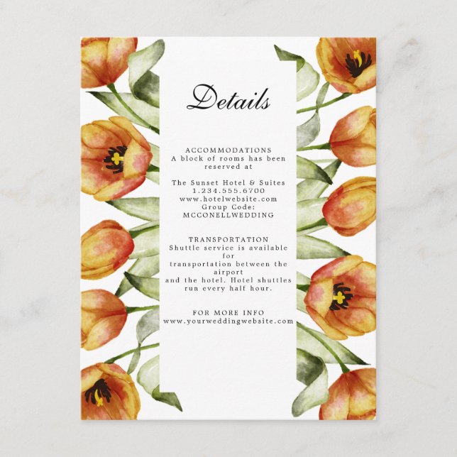 watercolor orange tulips wedding details enclosure card (Front)