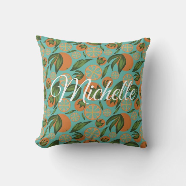 Watercolor Orange Turquoise Botanical Personalised Cushion (Front)
