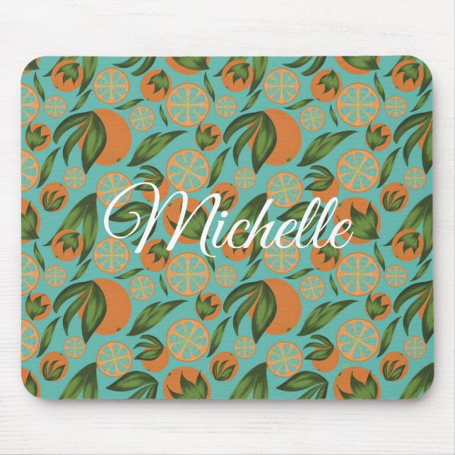 Watercolor Orange Turquoise Botanical Personalised Mouse Mat (Front)