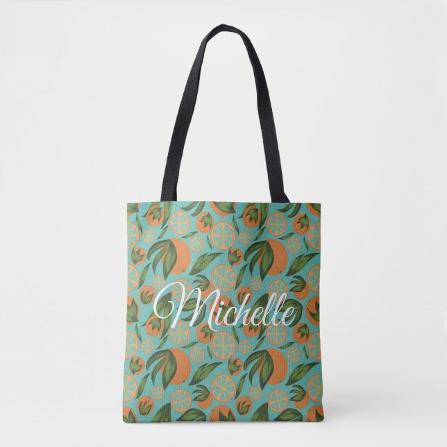 Watercolor Orange Turquoise Botanical Personalised Tote Bag (Front)