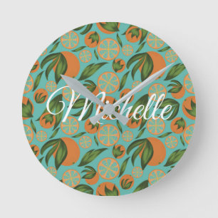 Watercolor Orange Turquoise Botanical Personalized Round Clock