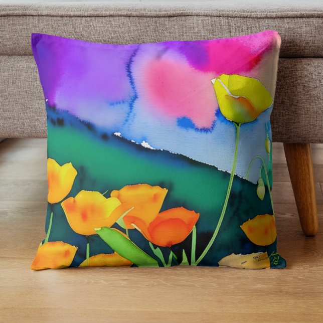 Watercolor Orange Yellow Poppies with Green Pink Cushion (Pillow California poppies in yellow and orange on a green hillside with pink, purple and blue sky.)