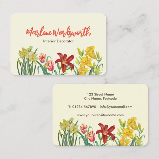 Watercolor Orange Yellow Spring Flowers Cream Business Card (Front/Back)