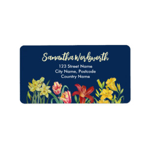 Watercolor Orange Yellow Spring Flowers Navy Blue Label