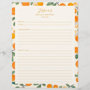 Watercolor Oranges Border Bridal Shower Recipe Flyer