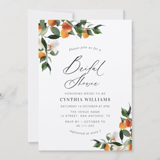 watercolor oranges citrus kraft bridal shower invitation (Front)