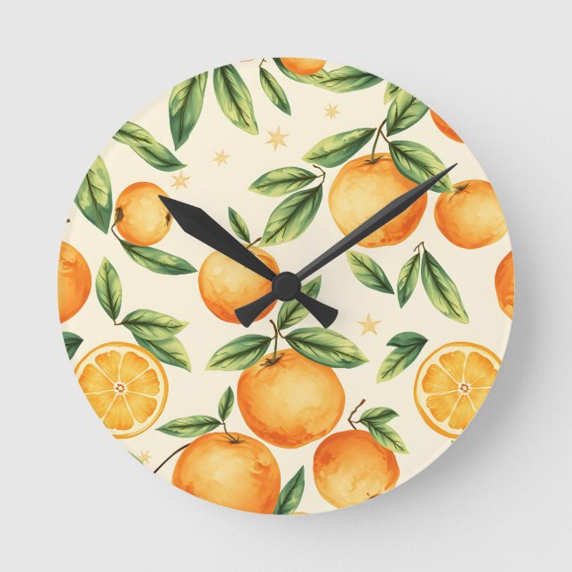 Watercolor Oranges Citrus Pattern Round Clock (Front)