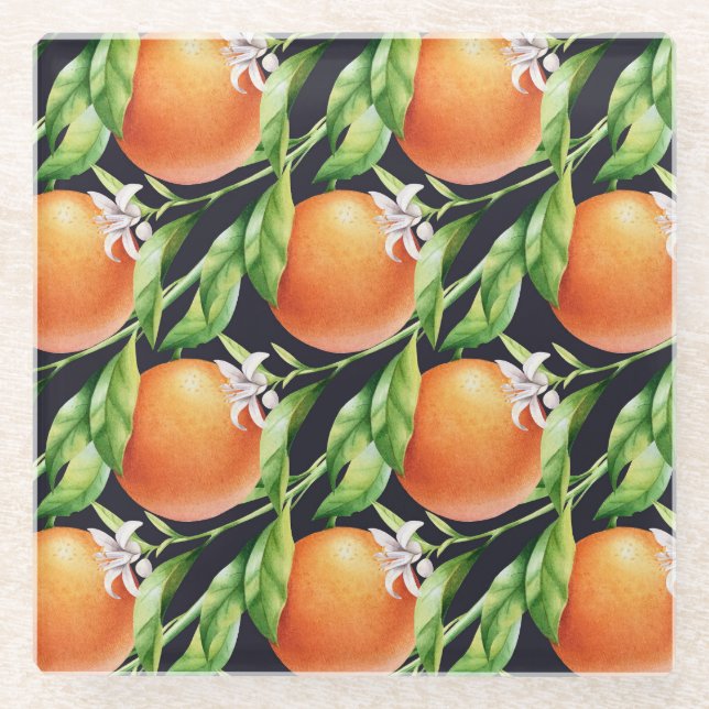Watercolor Oranges: Citrus Seamless Pattern Glass Coaster (Front)