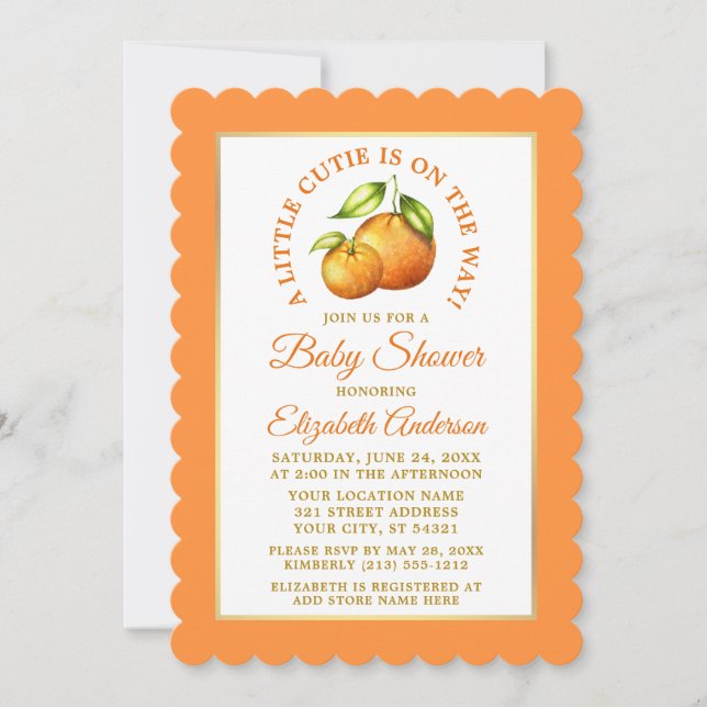 Watercolor Oranges Little Cutie Gold Frame Shower Invitation (Front)