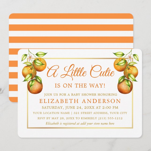 Watercolor Oranges Little Cutie Gold Shower Stripe Invitation (Front/Back)
