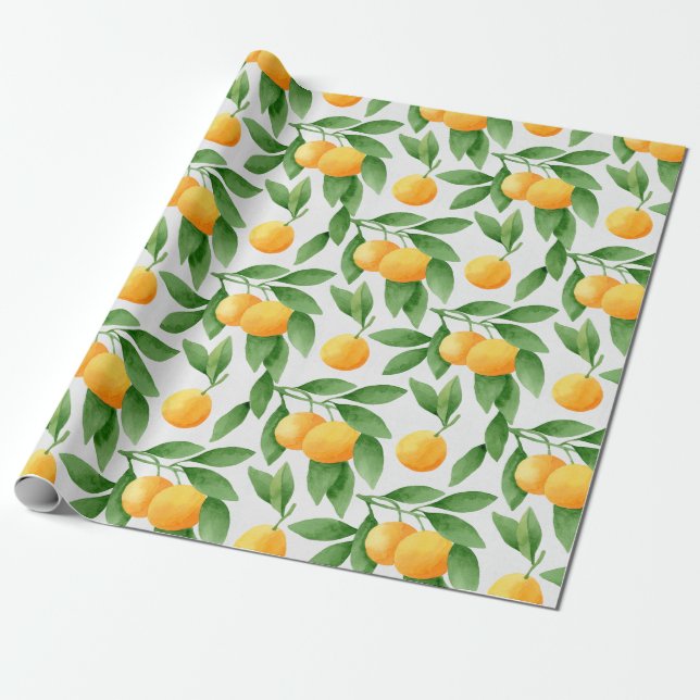 Watercolor oranges or tangerines pattern wrapping paper (Unrolled)