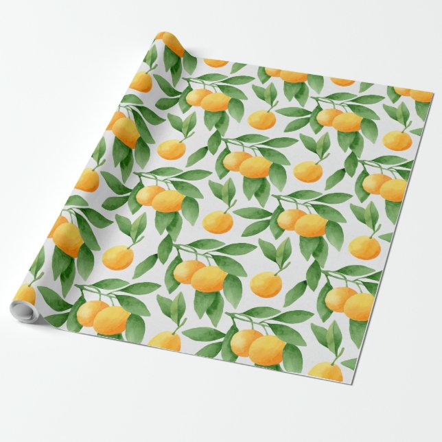 Watercolor oranges or tangerines pattern wrapping paper (Unrolled)