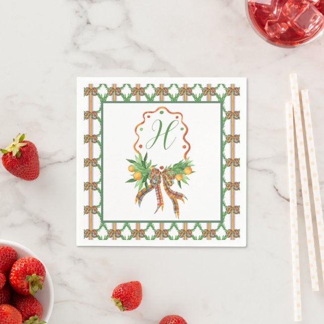 Watercolor Oranges Plaid Bow Christmas Monogram Napkin (Insitu)