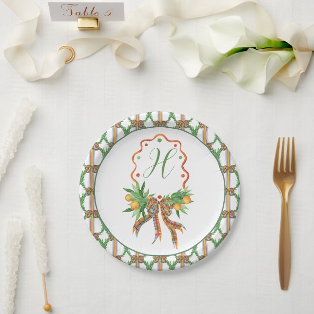Watercolor Oranges Plaid Bow Christmas Monogram Paper Plate (Wedding)