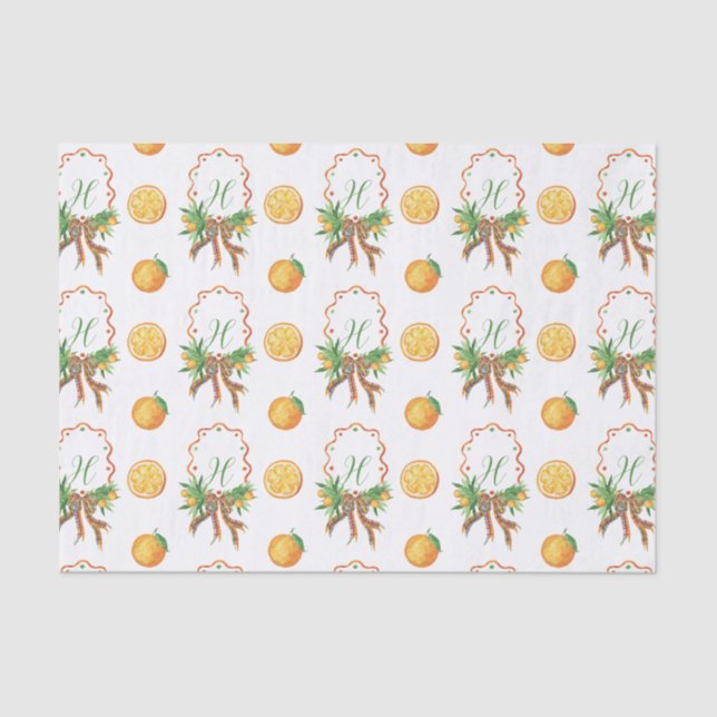 Watercolor Oranges Plaid Bow Christmas Monogram Tissue Paper (Front)