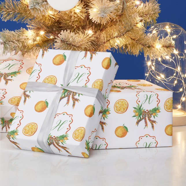 Watercolor Oranges Plaid Bow Christmas Monogram Wrapping Paper (Holidays)