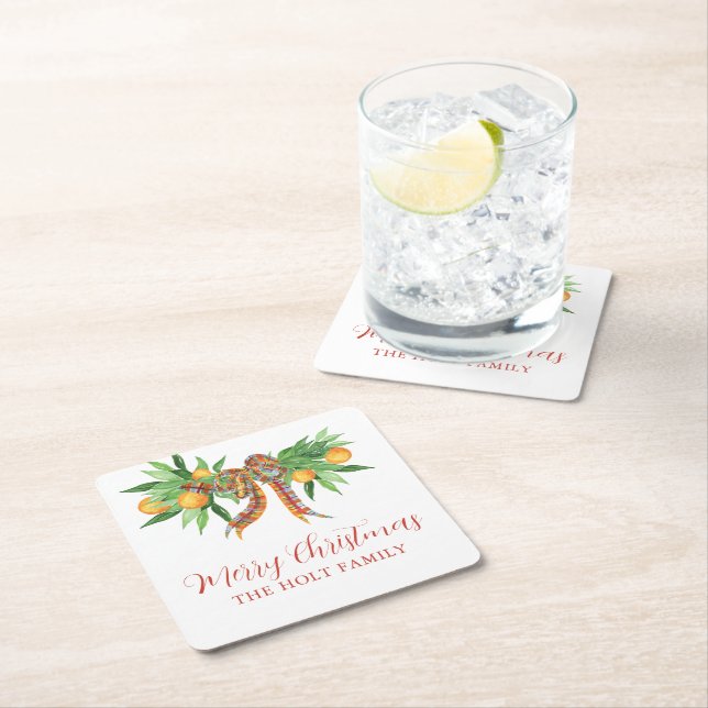 Watercolor Oranges Plaid Bow Christmas Square Paper Coaster (Insitu)