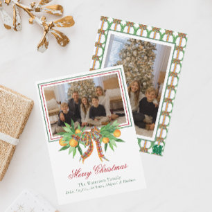 Watercolor Oranges Plaid Bow Garland Photo Holiday Card
