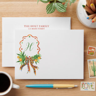 Watercolor Oranges Plaid Bow Monogram Christmas Envelope