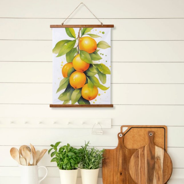 Watercolor Oranges Tapestry Scroll Art (Hanging Kitchen Wood Top Scroll Art Oranges and Leaves European Country Farmhouse)