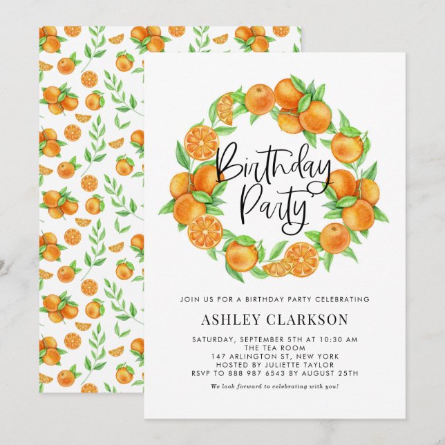 Watercolor Oranges Wreath Summer Birthday Party Invitation (Front/Back)