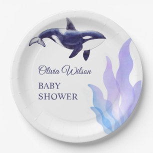 Watercolor Orca Whale Baby Shower Paper Plate