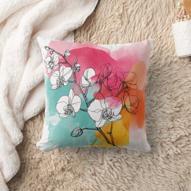Watercolor Orchid Floral Throw Pillow (Blanket)