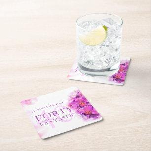 Watercolor orchid flower 40th birthday custom name square paper coaster
