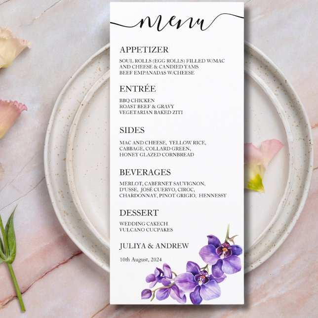 Watercolor Orchid flower Wedding Menu card  (Creator Uploaded)