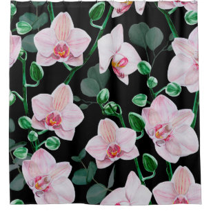 Watercolor orchid flowers and eucalyptus leaves pa shower curtain
