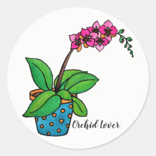 Watercolor Orchid Plant In Beautiful Pot Classic Round Sticker