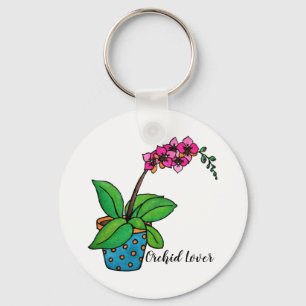 Watercolor Orchid Plant In Beautiful Pot Key Ring
