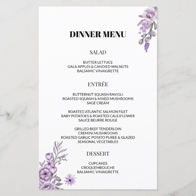 Watercolor Orchid Wedding Dinner Menu (Front)