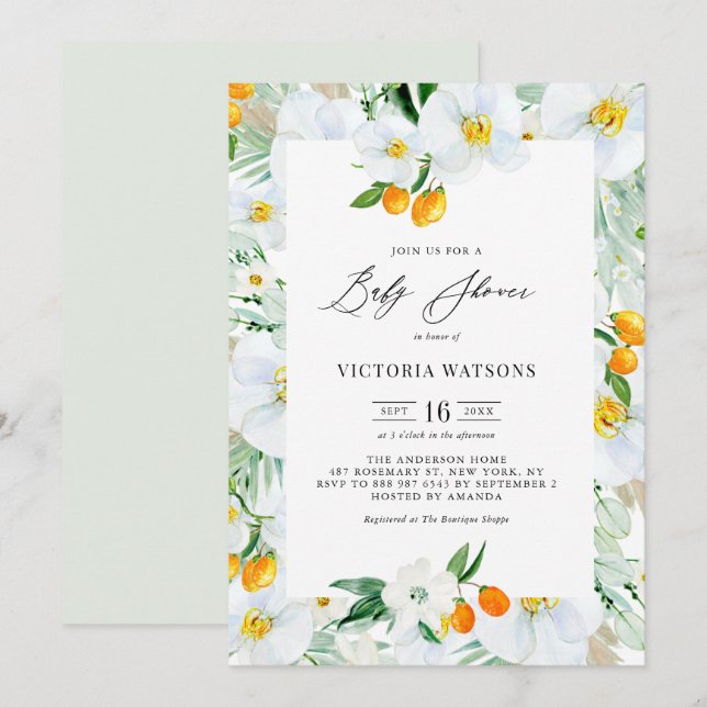 Watercolor Orchids and Kumquats Summer Baby Shower Invitation (Front/Back)