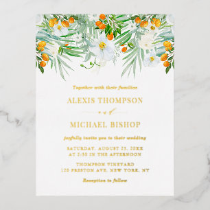 Watercolor Orchids and Kumquats Tropical Wedding Foil Invitation Postcard
