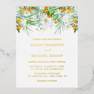 Watercolor Orchids and Kumquats Tropical Wedding Foil Invitation Postcard