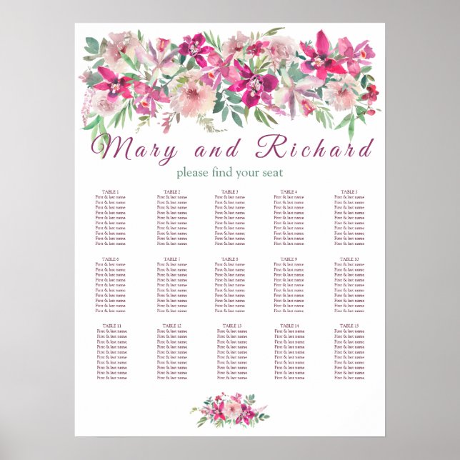 Watercolor Orchids and Roses Wedding Seating Chart (Front)