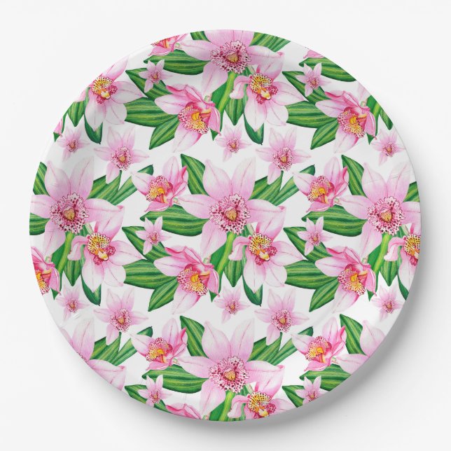 Watercolor Orchids Design 12  Paper Plate (Front)
