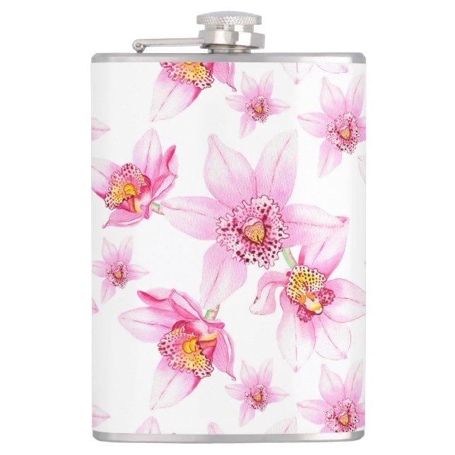 Watercolor Orchids Design 15  Hip Flask (Front)