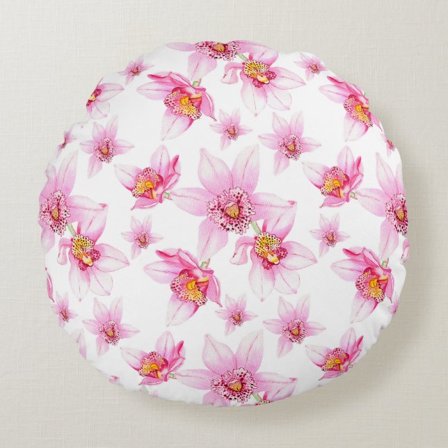 Watercolor Orchids Design 15 Round Cushion (Front)