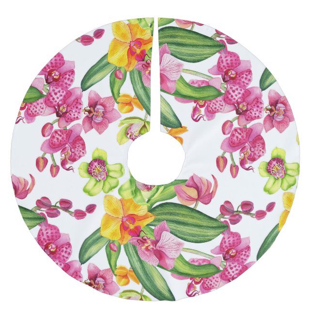 Watercolor Orchids Design 18 Brushed Polyester Tree Skirt (Front)