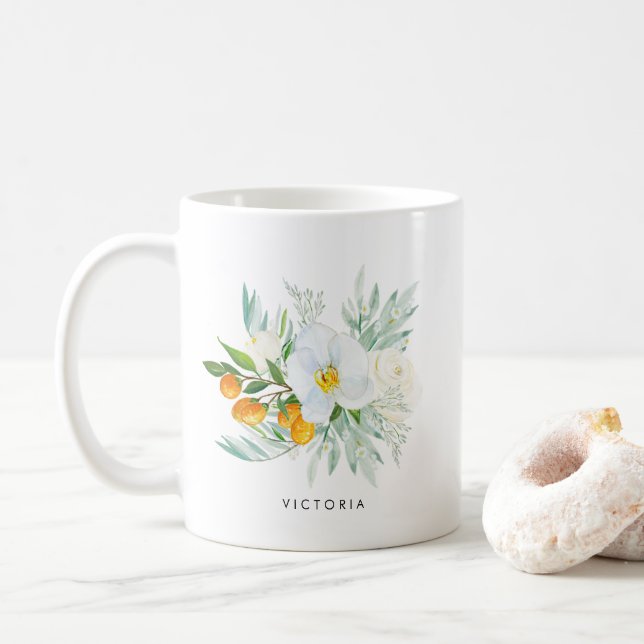 Watercolor Orchids & Kumquats Bouquet Bridesmaid Coffee Mug (With Donut)