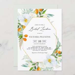 Watercolor Orchids & Kumquats Gold Bridal Luncheon Invitation