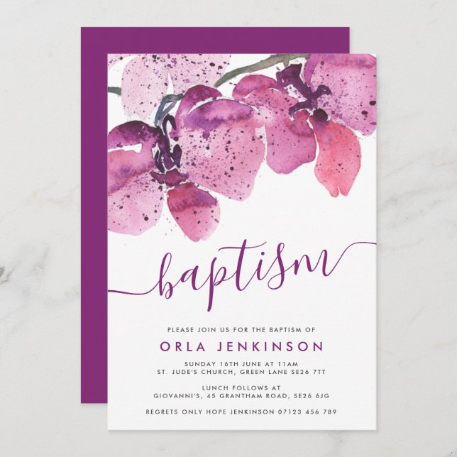 Watercolor Orchids Purple Baptism Invitation (Front/Back)
