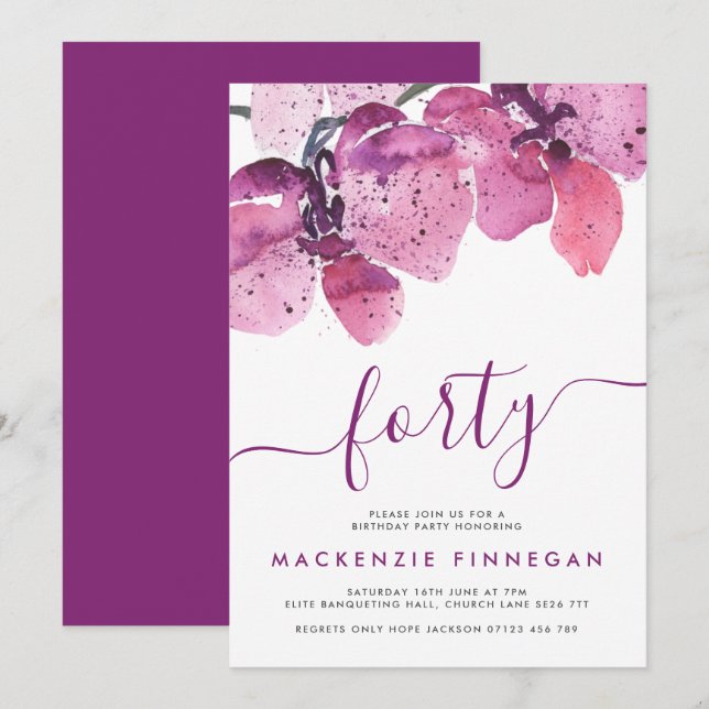 Watercolor Orchids Purple Fortieth Birthday Party Invitation (Front/Back)